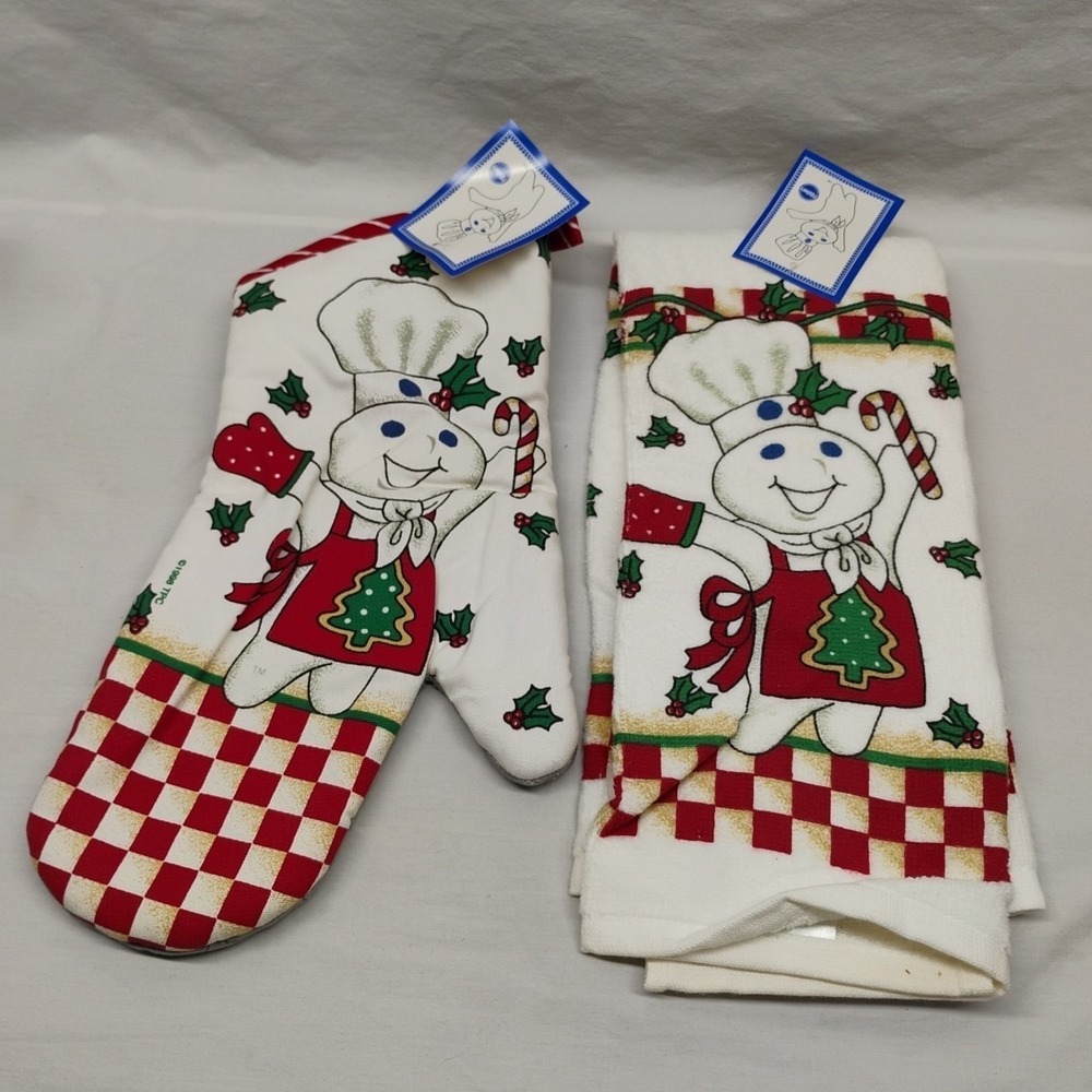 NWT Pillsbury Doughboy Warm Greeting Christmas Oven Mitt & Hand Towel 1998